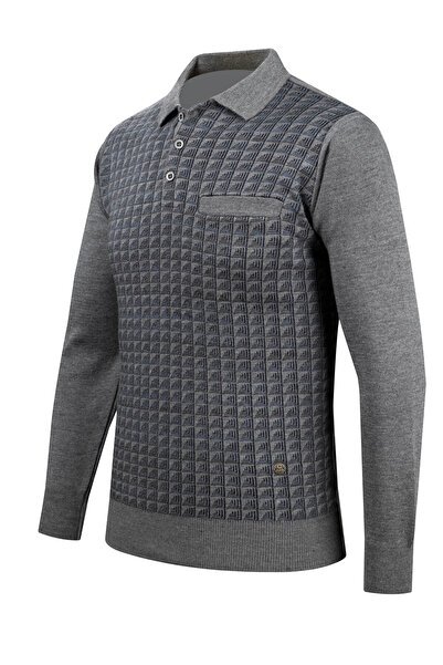 Çizgi Triko Ανδρικό πλεκτό πουλόβερ με λαιμόκοψη Polo - Διακοσμημένα μπράτσα και ελαστικό μέσης, ατσάλινο πλεκτό κλασικό καλούπι - 5002F