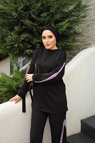 BURCU TESETTÜR Lace-up Sleeves Double Set BRC1301 Black Lilac