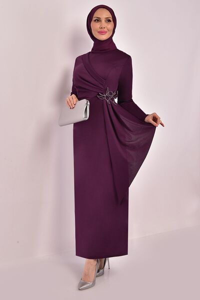 Ayşe Melek Kadın Giyim Abiye Moda Kemeri Taşlı Asimetrik Abiye Kalem Tesettür Elbise 2580 Mürdüm