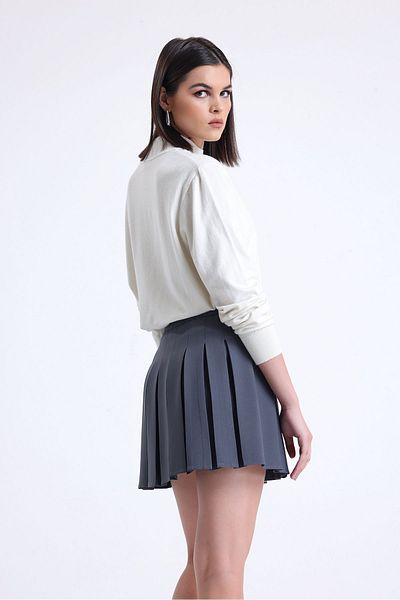 ONE8 Pleated Mini Skirt with Back Waist Elastic Zipper Dark Gray Color