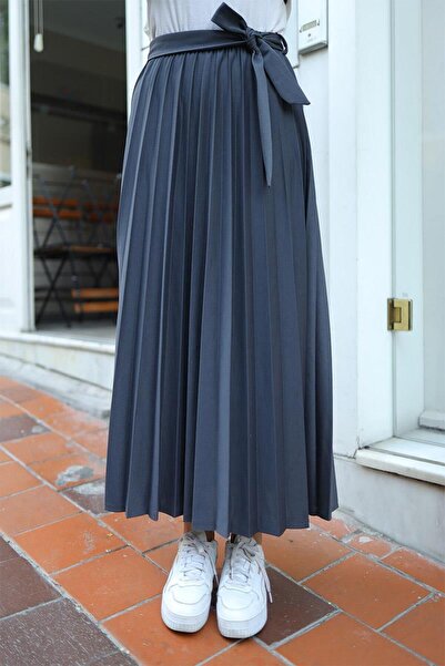 BURCU TESETTÜR Belt Detailed Pleated Hijab Skirt BRC3033-1 Smoked