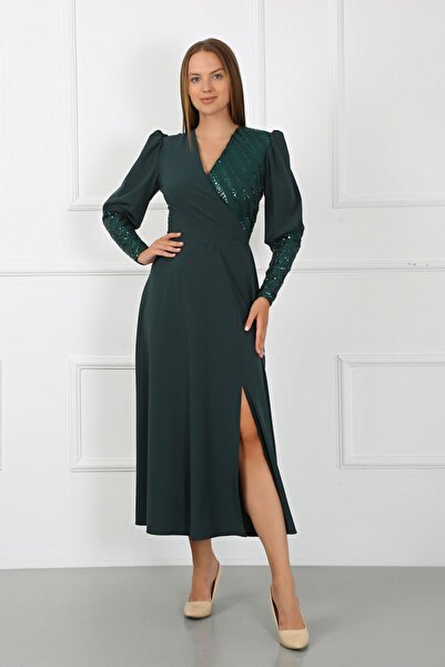 zeynep zehra Kadın Giyim Abiye Moda Pullu Krep Uzun Abiye Elbise 2731 Zümrüt