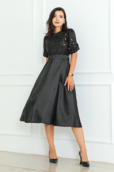 zeynep zehra Kadın Giyim Abiye Moda Pullu Saten Abiye Elbise 2724 Siyah