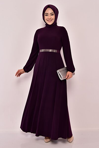 Ayşe Melek Kadın Giyim Abiye Moda Kemeri Taşlı Elbise 2582 Mürdüm