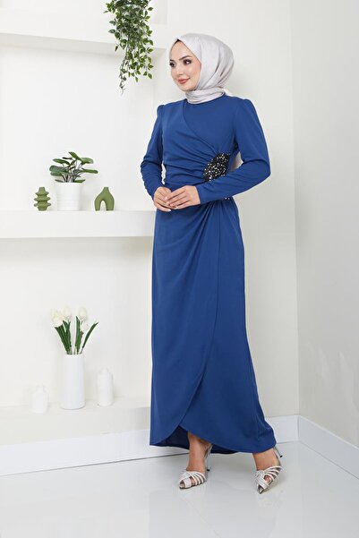 Ayşe Melek Kadın Giyim Abiye Moda Pullu Uzun Tesettür Abiye Elbise 2743 Mavi