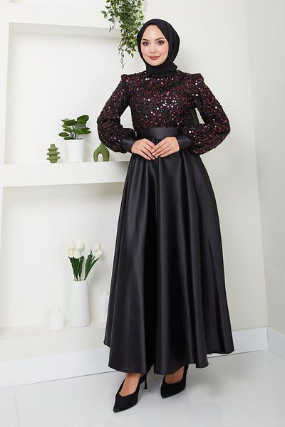 Ayşe Melek Satin Evening Dress 2537 - Sequin Detailed, Black-Burgundy Fashion Clothing