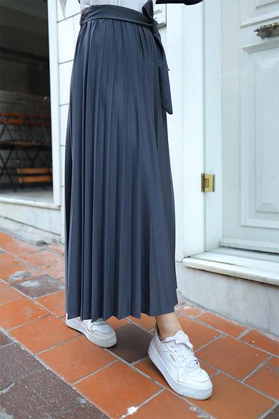 BURCU TESETTÜR Belt Detailed Pleated Hijab Skirt BRC3033-1 Smoked