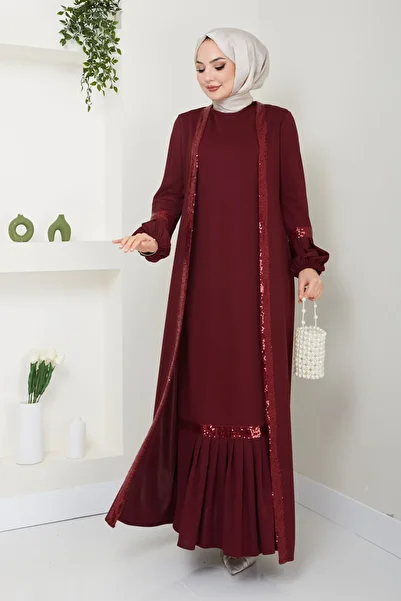 Ayşe Melek Burgundy Evening Dress Fashion Double Set with Dress - 2600 Women's Clothing