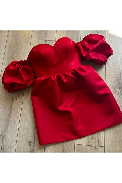 Lenta Moda Kırmızı Balon Kol Detaylı Mini Saten Abiye ve Gece Elbisesi