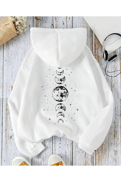 SAJA Planet and Moon Printed UNISEX Oversize Hooded Sweatshirt - Kangaroo Pocket