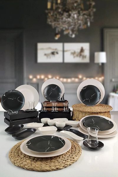 Keramika 36 Pieces for 6 People - Black and White Marble Patterned Breakfast Set