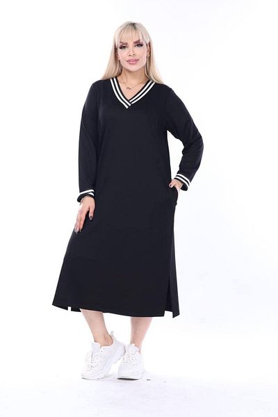 mezura tekstil V-Neck Long Sleeve Black Midi Dress - Slit and 2 Pockets, Stripe Detail
