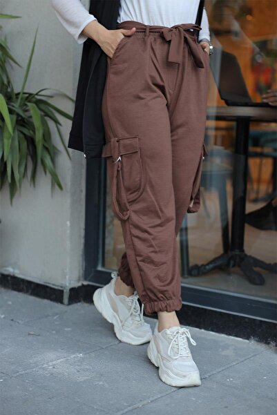 BURCU TESETTÜR Γυναικείο παντελόνι με ζώνη Cargo Pocket BRC1403 Καφέ
