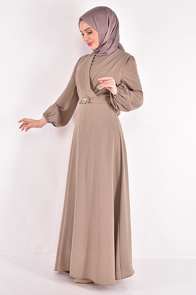 Ayşe Melek Beige Colored Chain Belt Fashion Hijab Dress - 2646