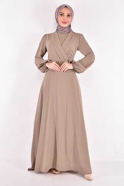 Ayşe Melek Beige Colored Chain Belt Fashion Hijab Dress - 2646