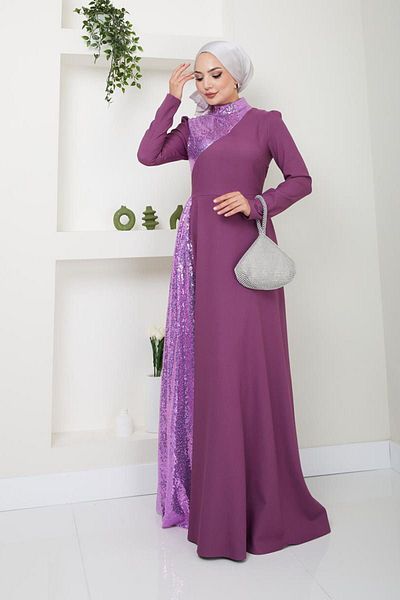 Ayşe Melek Fashion Sequin Crepe Evening Dress - Long Hijab Evening Dress 2719
