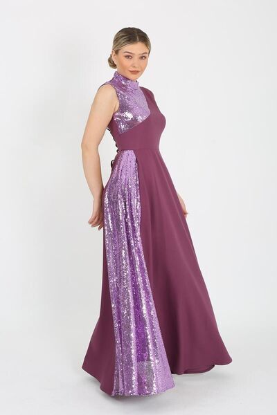 zeynep zehra Kadın Giyim Abiye Moda Pul Payet Kolsuz Uzun Abiye Elbise 2718 Lila