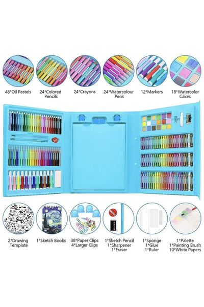 Genel Markalar 208 Parça Çocuk Boyama Seti Kırtasiye Hediye Kutusu Fırça Seti Kuru Kalem Pastel Boya