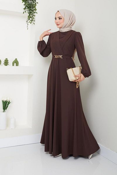 Ayşe Melek Fashion Chain Belted Hijab Evening Dress - Brown 2646