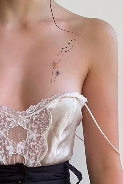Hilvera Renkli Karahindiba Ve Kuş Göğüs Geçici Dövme Tattoo