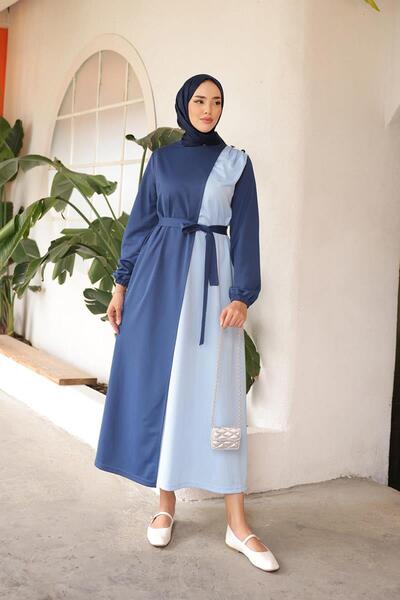 BURCU TESETTÜR Garnished Belted Hijab Dress BRC1123 INDIGO BLUE