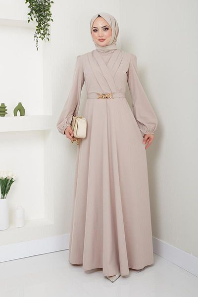 Ayşe Melek Mink Hijab Evening Dress with Chain Belt, Fashion Clothing 2646