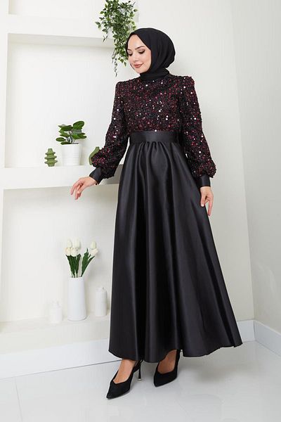 Ayşe Melek Satin Evening Dress 2537 - Sequin Detailed, Black-Burgundy Fashion Clothing