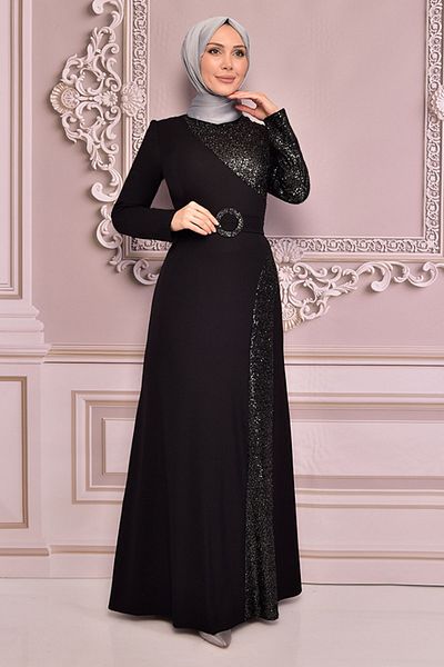 Ayşe Melek Hijab Evening Dress 2524 - Sequin Detailed, Black Women's Clothing Fashion