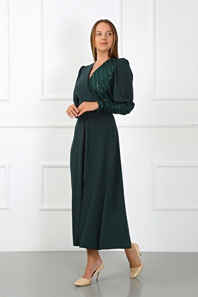 zeynep zehra Kadın Giyim Abiye Moda Pullu Krep Uzun Abiye Elbise 2731 Zümrüt