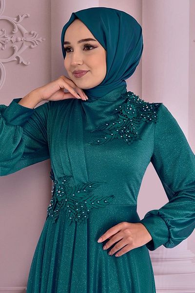 Ayşe Melek Emerald Hijab Evening Dress - Women's Clothing, Fashion Hijab 2514