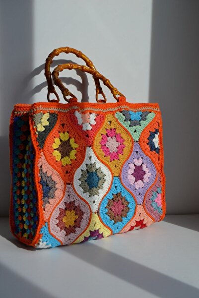 JINJI El Örgüsü Çanta Bambu Görünümlü Saplı