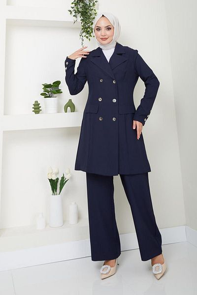 Ayşe Melek Navy Blue Evening Dress Fashion Blazer and Pants Set - 2686