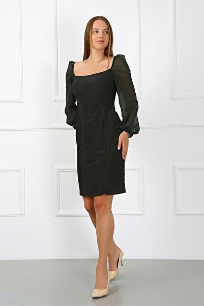 zeynep zehra Kadın Giyim Abiye Moda Simli Şifon Kollu Elbise 2713 Zümrüt