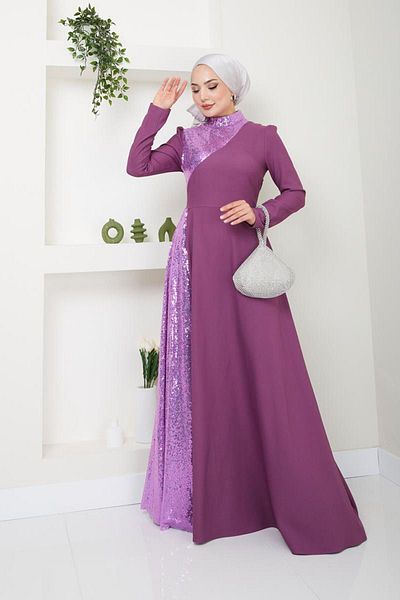 Ayşe Melek Fashion Sequin Crepe Evening Dress - Long Hijab Evening Dress 2719