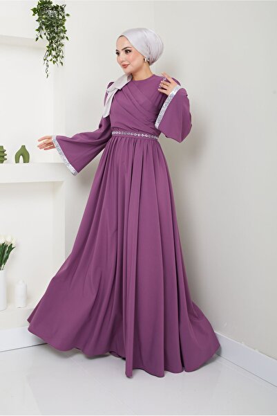 Ayşe Melek Kadın Giyim Abiye Moda Kemeri Taşlı Krep Abiye Elbise 2706 Lila