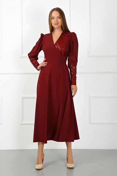 zeynep zehra Kadın Giyim Abiye Moda Pullu Krep Uzun Abiye Elbise 2731 Bordo
