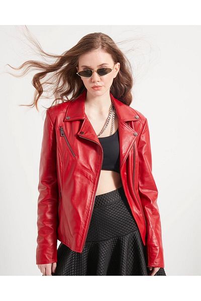 gorgitino Women's Genuine Leather Jacket Red Color