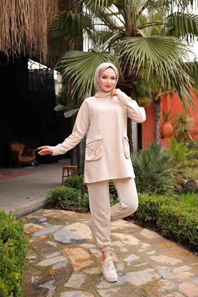 BURCU TESETTÜR Πέτρινο Σετ Φούτερ Νέον Ελαστικό Διπλό - TRN2080