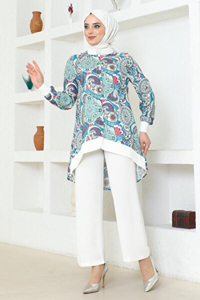 BURCU TESETTÜR Petrol Color Ethnic Patterned Hijab Set - BRC1313