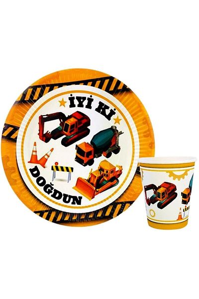 parti sürprizi Construction Theme Plate Glass Set 8 Pieces