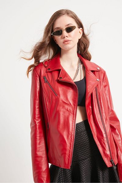 gorgitino Women's Genuine Leather Jacket Red Color