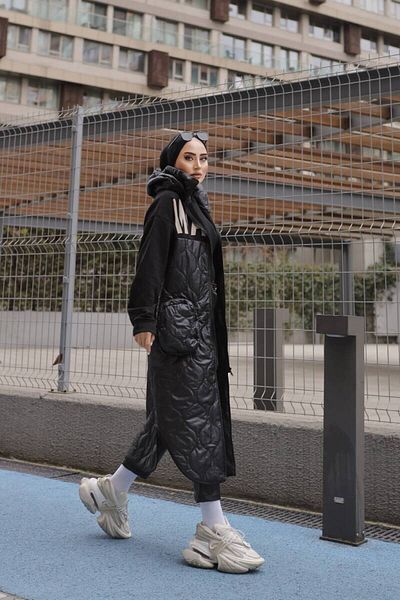 BURCU TESETTÜR Μαύρο Αθλητικό Παλτό - Brc8051 Μακρύ