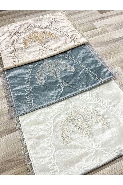 AYHANHOME 3 pcs French velvet Bridal Set - Laced and Embroidered Dowry prayer Mat