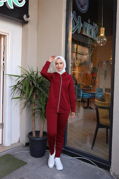 BURCU TESETTÜR Kapşonlu Cep Detayli Eşofman Takımı Brc1602 Bordo