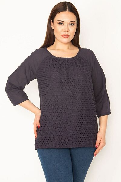 Şans Tekstil Women's Navy Blue Front Lined Hole Embroidered Capri Sleeve Voile Blouse 26a33114