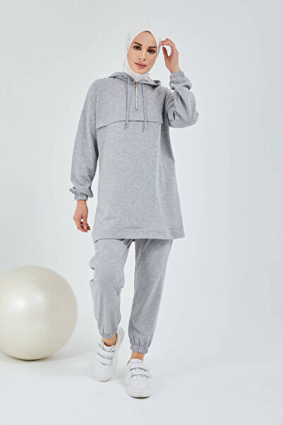 BURCU TESETTÜR Front Half Zipper Tracksuit Set Trn1019 Gray