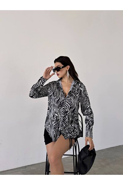 ubmbutik Kadın Gömlek - Uzun Kollu Zebra Desenli Dokuma Saten Gömlek