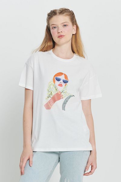AC&Co / Altınyıldız Classics Тениска с кръгло деколте в екрю - 100% памук, щампа