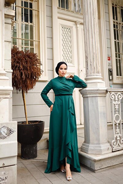 BURCU TESETTÜR Rochie de seara cu fusta cu volane pentru dama Brc1109 Emerald