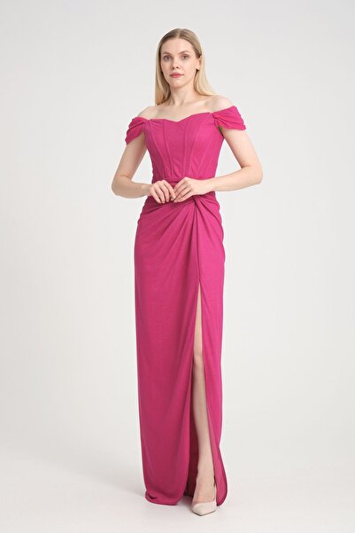 meksila kadın straptes kayık yakalı balenli korse detaylı uzun yırtmaçlı simli astarlı nişan davet abiye